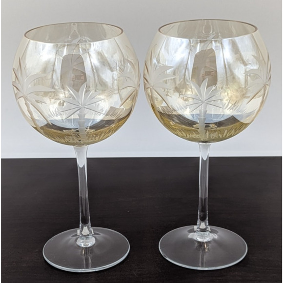 2 Royal Danube Etched Palm Tree Yellowish Luster Balloon Wine Glasses 9" Goblets - Picture 11 of 12